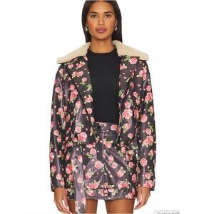 For Love & Lemons Wren Vegan Leather Moto Jacket Rose Floral Print Small NEW